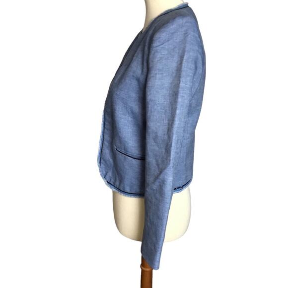 Sandro Chambray Open Front Raw Edge Blue Linen Cotton Blazer Coat Jacket Size 36 - Picture 7 of 11